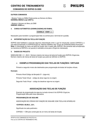 CENTRO DE TREINAMENTO!!
COMANDOS DO SOPHO iS-3000
APOSTILA DE COMANDOS DO PACOTE 810. 35
Para uso do CENTRO DE TREINAMENTO PBC.
OUTROS COMANDOS
- Mostrar Todos os DNRs Pertencentes ao Número do Menu
DIDNRM:[<MENU>s/r][,<UNIT>];
- Mostrar o Número do Menu do DNR
DIMDNR:<DNR>s/r;
3. CARGA AUTOMÁTICA (DONWLOADING) NO RAMAL
Necessário para transferir a programação feita na central para o terminal em questão.
4. INTERPRETAÇÃO DA TECLA DE FUNÇÃO
SOPHO está habilitado a executar algumas interpretação entre o que foi introduzido usando CHFKDA e o
que está armazenado no SOPHO-ErgoLine. Maiores detalhes veja "Grupo de Chefe/Secretária Avançado".
Nota: A informação do menu da tecla de função não é usado pelo SOPHO. Ela somente está armazenada
na memória do SOPHO e só quando é solicitado envia para o ErgoLine interessado.
5. DADOS DE PROJETO
NEBOUND 096 = (1...60):5 - Número máximo de menus de tecla de função para SOPHO- ErgoLines.
Número máximo de menus de tecla de função que pode ser definido no SOPHO.
• EXEMPLO PROGRAMAÇÃO DAS TECLAS DE FUNÇÕES / VIRTUAIS
Primeiro e segundo níveis são destinados para programação de teclas de funções virtuais.
Exemplo:
Primeiro Nível Código de lâmpada 01 - (siga-me).
Primeira Tecla Virtual - código de ativar siga-me na origem.
Segunda Tecla Virtual - código de desativar siga-me na origem.
ASSOCIAÇÃO DAS TECLAS DE FUNÇÃO
Exemplo de programação de siga-me na tecla número 8 do SOPHO- ErgoLine.
Programação feita pela mesa operadora.
PROGRAMAÇÃO DE SIGA-ME
ASSOCIAÇÃO DE CÓDIGO DE FUNÇÃO DE SIGA-ME COM TECLA NO APARELHO
<CHFKDA: 00,08,0, ,3,01;
Significado de cada parâmetro:
CHFKDA: ! OM para construção de um menu de teclas de função.
DOWNLD: <DNR> s/r ;
 