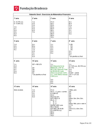 Página 99 de 105
Gabarito Geral - Exercicios de Matemática Financeira
1
ª
série
C - 6,17% a.a.
D - 5.30% a.p.
1) b
2) c
3) d
4) b
5) d
6) b
2
ª
série
1) a
2) b
3) d
4) a
5) a
6) d
7) b
3
ª
série
01) d
02) c
03) b
04) a
05) d
06) c
07) d
08) d
09) a
10) c
4
ª
série
A) c
B) d
C) a
1) b
2) d
3) c
4) d
5) a
5
ª
série
1) d
2) b
3) d
4) c
6
ª
série
A) c
B) a
C) b
1) a
2) d
3) c
4) c
5) d
7
ª
série
1) c
2) b
3) d
4) a
5) d
6) a
8
a
série
1) (B)
(C)
(D)
(A)
2) c
3) a
4) c
* ver planilha no final
9
ª
. série
1) c
2) d
3) b
4) c
5) a
6) d
10
ª
série
IOF = R$ 9,79
2)b
3)a
4)d
5)c
* ver planilha no final
11
ª
série
1) c
2) O Desconto foi de
R$502,09; o IOF de
R$.12,60; Desconto Total
de R$.525,09; custo
efetivo do período 3,54%
a.p.; custo efetivo mensal
5,35% a.m.
3) b
4) b
5) b
12
ª
série
1) c
2) 112% a.a., 60,10% a.a.
51,11%
3) d
4) d
5) IOF = 29,64
V.E.T.= 271,43
6) a
13
ª
série
Série anulada
14
ª
série
1) b
2) d
3) c
4) b
5) d
15
ª
série
01) d
02) V ; F, pois o correto
é 0,366122
03) d
04)Juros sim;
IOF é R$ 0,14
05) A - V
B - V
C - V
06)PMT NÃO, pois
R$ 2.738,83
IOF NÃO, R$ 30,80
07) 0,8919% a.p.
08) a
09) b
10) c
16
ª
série
1)Não, pois
2)d
3)V
4)d
5)V
6)Sim; Sim; Sim; Sim;
Sim.
7)d
8)Sim; Não, pois o valor é
17,73.
9)V.
10)V;V;V; e Sim; Sim;
Sim.
 