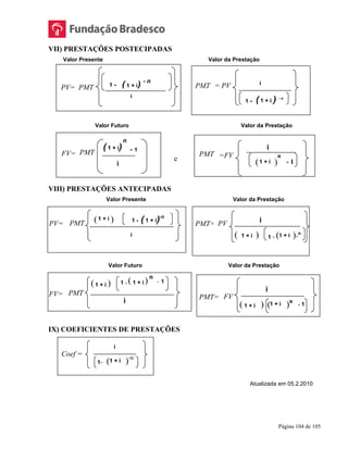 Página 104 de 105
( 1 + i)
PMT =FV
1 + i - 1
n
PMT= i
1 + i
PV
1 + i1 -
PMT
i
1 + i
FV=
1 + i1 -
PMT=
i
1 + i
FV
1 + i - 1
1 + i1-
i
PMT = PV
( 1 + i ) - n
1 -
1 + i
PV= PMT
- 1
1 - ( 1 + i)-n
VII) PRESTAÇÕES POSTECIPADAS
Valor Presente Valor da Prestação
Valor Futuro Valor da Prestação
e
VIII) PRESTAÇÕES ANTECIPADAS
Valor Presente Valor da Prestação
Valor Futuro Valor da Prestação
IX) COEFICIENTES DE PRESTAÇÕES
Atualizada em 05.2.2010
PV= PMT ( 1 + i) - n
1 -
i
i
( )
( )
( ) ( ) n
- 1
( ) ( )n
Coef =
( )-n
i
FV= PMT
n
i
( )
( )-ni
 