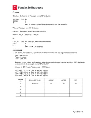 Página 50 de 105
4
º
Passo
Calcular o Coeficiente de Prestação com o IOF embutido:
1,006365 CHS PV
3,0423 i
3 n
PMT  0,356070 (coeficiente de Prestação com IOF embutido)
Valor da Prestação com IOF Embutido:
PMT = PV X alíquota com IOF embutido calculado.
PMT = 5.000,00 x 0,356070 = 1.780,35
ou
5.031,83 CHS PV (valor que já havíamos encontrado)
3,0423 i
3 n
PMT R$ 1.780,35
EXERCÍCIOS:
1) Um cliente, Pessoa Física, quer fazer um financiamento com as seguintes características:
Valor = R$ 3.000,00
Prazo = 4 meses.
Taxa = 5,5 % a.m.
Qual será o novo valor a ser financiado, sabendo que o cliente quer financiar também o IOF? Qual será o
novo coeficiente de prestação com o IOF embutido?
Alíquota do IOF Pessoa Física mensal = 0,125% a.m.
a) PV = R$ 3.012,45 e Coef. de IOF = 0,286213
b) PV = R$ 3.009,66 e Coef. de IOF = 0,316512
c) PV = R$ 3.012,45 e Coef. de IOF = 0,316512
d) PV = R$ 3.009,66 e Coef. de IOF = 0,286213
Parcela
no.
SALDO DEVEDOR AMORT JUROS PMT
0 3.000,00 -o- -o- -o-
1
2
3
4
 