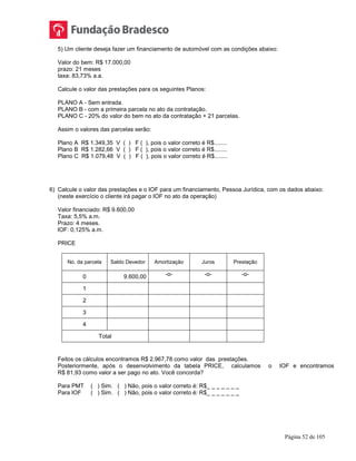Página 52 de 105
5) Um cliente deseja fazer um financiamento de automóvel com as condições abaixo:
Valor do bem: R$ 17.000,00
prazo: 21 meses
taxa: 83,73% a.a.
Calcule o valor das prestações para os seguintes Planos:
PLANO A - Sem entrada.
PLANO B - com a primeira parcela no ato da contratação.
PLANO C - 20% do valor do bem no ato da contratação + 21 parcelas.
Assim o valores das parcelas serão:
Plano A R$ 1.349,35 V ( ) F ( ), pois o valor correto é R$........
Plano B R$ 1.282,66 V ( ) F ( ), pois o valor correto é R$........
Plano C R$ 1.079,48 V ( ) F ( ), pois o valor correto é R$........
6) Calcule o valor das prestações e o IOF para um financiamento, Pessoa Jurídica, com os dados abaixo:
(neste exercício o cliente irá pagar o IOF no ato da operação)
Valor financiado: R$ 9.600,00
Taxa: 5,5% a.m.
Prazo: 4 meses.
IOF: 0,125% a.m.
PRICE
No. da parcela Saldo Devedor Amortização Juros Prestação
0 9.600,00 -o- -o- -o-
1
2
3
4
Total
Feitos os cálculos encontramos R$ 2.967,78 como valor das prestações.
Posteriormente, após o desenvolvimento da tabela PRICE, calculamos o IOF e encontramos
R$ 81,93 como valor a ser pago no ato. Você concorda?
Para PMT ( ) Sim. ( ) Não, pois o valor correto é: R$_ _ _ _ _ _ _
Para IOF ( ) Sim. ( ) Não, pois o valor correto é: R$_ _ _ _ _ _ _
 