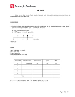 Página 71 de 105
19ª
Série
Nesta série não iremos fazer uso da habitual aula introdutória, entretanto vamos retomar as
anteriores ao longo dos exercícios.
EXERCÍCIOS.
1) No fluxo abaixo está demonstrado um plano de pagamento de um financiamento pela Price, sendo a
primeira parcela paga 30 dias após a contratação. Pede-se.
a) Valor das prestações e juros.
b) O IOF a pagar (no ato da operação).
1 2 3 4 (parcelas)
18.000,00
Dados:
Valor financiado: 18.000,00
Taxa: 2,1% a.m.
Prazo: 4 parcelas
Alíquota do IOF = 0,125% a.m.
Parcela N.º Saldo Devedor Amortização Juros PMT
0 18.000,00 -o- -o- -o-
1
2
3
4
Total
Encontramos R$ 4.634,90 de PMT e R$ 45,17 de IOF. Está correto?
 