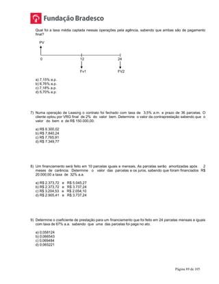 Página 89 de 105
Qual foi a taxa média captada nessas operações pela agência, sabendo que ambas são de pagamento
final?
PV
| |
0 12 24
Fv1 FV2
a) 7,15% a.p.
b) 6,76% a.p.
c) 7,18% a.p.
d) 5,70% a.p.
7) Numa operação de Leasing o contrato foi fechado com taxa de 3,5% a.m. e prazo de 36 parcelas. O
cliente optou por VRG final de 2% do valor bem. Determine o valor da contraprestação sabendo que o
valor do bem e de R$ 150.000,00.
a) R$ 6.300,02
b) R$ 7.840,24
c) R$ 7.765,91
d) R$ 7.349,77
8) Um financiamento será feito em 10 parcelas iguais e mensais. As parcelas serão amortizadas após 2
meses de carência. Determine o valor das parcelas e os juros, sabendo que foram financiados R$
20.000,00 a taxa de 32% a.a.
a) R$ 2.373,72 e R$ 5.045,27
b) R$ 2.373,72 e R$ 3.737,24
c) R$ 3.204,53 e R$ 2.054,10
d) R$ 2.905,41 e R$ 3.737,24
9) Determine o coeficiente de prestação para um financiamento que foi feito em 24 parcelas mensais e iguais
com taxa de 67% a.a. sabendo que uma das parcelas foi paga no ato.
a) 0,058124
b) 0,066543
c) 0,069484
d) 0,065221
 