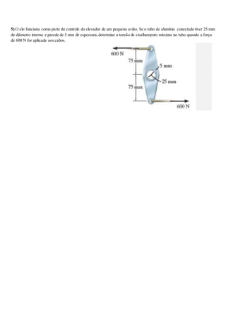 5) O elo funciona como parte do controle do elevador de um pequeno avião. Se o tubo de alumínio conectado tiver 25 mm
de diâmetro interno e parede de 5 mm de espessura,determine a tensão de cisalhamento máxima no tubo quando a força
de 600 N for aplicada aos cabos.
 