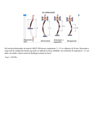 FLAMBAGEM
1) Uma barra biarticulada de material ABNT 1020 possui comprimento l = 1,2 m e diâmetro de 34 mm. Determinar a
carga axial de compressão máxima que pode ser aplicada na barra,admitindo um coeficiente de segurança k = 2 e seu
índice de esbeltez. Qual a tensão de flambagem atuante na barra?
Eaço = 210 GPa.
 