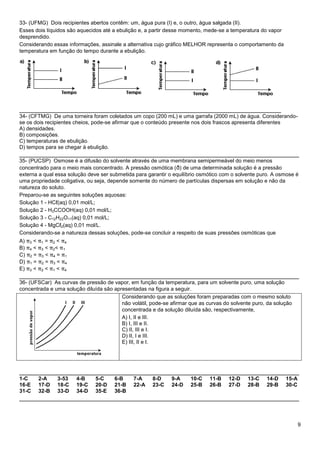 9
33- (UFMG) Dois recipientes abertos contêm: um, água pura (I) e, o outro, água salgada (II).
Esses dois líquidos são aquecidos até a ebulição e, a partir desse momento, mede-se a temperatura do vapor
desprendido.
Considerando essas informações, assinale a alternativa cujo gráfico MELHOR representa o comportamento da
temperatura em função do tempo durante a ebulição.
_________________________________________________________________________
34- (CFTMG) De uma torneira foram coletados um copo (200 mL) e uma garrafa (2000 mL) de água. Considerando-
se os dois recipientes cheios, pode-se afirmar que o conteúdo presente nos dois frascos apresenta diferentes
A) densidades.
B) composições.
C) temperaturas de ebulição.
D) tempos para se chegar à ebulição.
______________________________________________________________________________
35- (PUCSP) Osmose é a difusão do solvente através de uma membrana semipermeável do meio menos
concentrado para o meio mais concentrado. A pressão osmótica (ð) de uma determinada solução é a pressão
externa a qual essa solução deve ser submetida para garantir o equilíbrio osmótico com o solvente puro. A osmose é
uma propriedade coligativa, ou seja, depende somente do número de partículas dispersas em solução e não da
natureza do soluto.
Preparou-se as seguintes soluções aquosas:
Solução 1 - HCℓ(aq) 0,01 mol/L;
Solução 2 - H3CCOOH(aq) 0,01 mol/L;
Solução 3 - C12H22O11(aq) 0,01 mol/L;
Solução 4 - MgCℓ2(aq) 0,01 mol/L.
Considerando-se a natureza dessas soluções, pode-se concluir a respeito de suas pressões osmóticas que
A) π3 < π1 = π2 < π4
B) π4 < π3 < π2< π1
C) π2 = π3 < π4 = π1
D) π1 = π2 = π3 < π4
E) π3 < π2 < π1 < π4
______________________________________________________________________________
36- (UFSCar) As curvas de pressão de vapor, em função da temperatura, para um solvente puro, uma solução
concentrada e uma solução diluída são apresentadas na figura a seguir.
Considerando que as soluções foram preparadas com o mesmo soluto
não volátil, pode-se afirmar que as curvas do solvente puro, da solução
concentrada e da solução diluída são, respectivamente,
A) I, II e III.
B) I, III e II.
C) II, III e I.
D) II, I e III.
E) III, II e I.
______________________________________________________________________________
1-C 2-A 3-53 4-B 5-C 6-B 7-A 8-D 9-A 10-C 11-B 12-D 13-C 14-D 15-A
16-E 17-D 18-C 19-C 20-D 21-B 22-A 23-C 24-D 25-B 26-B 27-D 28-B 29-B 30-C
31-C 32-B 33-D 34-D 35-E 36-B
______________________________________________________________________________
 
