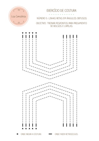 Las Cumadres
Exercício de costura
Número 5: LINHAS RETAS EM ÂNGULOS OBTUSOS
objetivo: TREINAR PESPONTOS PARA PREGAMENTO
DE BOLSOS E LAPELAS
onde iniciar a costura onde fazer retrocessos
 
