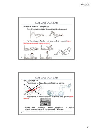 3/26/2009
10
COLUNA LOMBARCOLUNA LOMBAR
FORTALECIMENTO (progressão)
• Exercícios isométricos de retroversão do quadril
• Movimentos de flexão do tronco sobre o quadril (sem
hipercifose-acentua cifose torácica)
COLUNA LOMBARCOLUNA LOMBAR
FORTALECIMENTO
• Movimentos de flexão do quadril sobre o tronco
• Movimentos de flexão recíproca do tronco e do quadril (sem
hérnia)
Iniciar com exercícios menos complexos e evoluir
quantitativamente e qualitativamente’(3 a 4 meses)
 