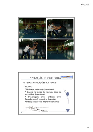3/26/2009
25
NATAÇÃO E POSTURA
ESTILOS X ALTERAÇÕES POSTURAIS:
CRAWL:
* Deslizante e alternado (assimétrico)
* Exagero no tempo da inspiração (lado da
concavidade da escoliose)
* Desvantagens: efeito lordótico (mmi
flutuação ventral) e rotatório (braçadas)
* Indicação: escolioses, deformidades laterais
 