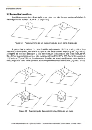 Expressão Gráfica II 57
UFPR - Departamento de Expressão Gráfica - Professoras Adriana Vaz, Andréa, Deise, Luzia e Zuleica
5.2 Perspectiva Isométrica
Consideremos um plano de projeção e um cubo, com três de suas arestas definindo três
eixos objetivos do espaço: OX, OY e OZ (Figura 52).
Figura 52 – Posicionamento de um cubo em relação a um plano de projeção
A pespectiva isométrica do cubo é obtida projetando-se cilíndrica e ortogonalmente o
mesmo sobre um quadro, em relação ao qual os três eixos formem ângulos iguais (Figura 53a).
A diagonal do cubo que passa por O será perpendicular ao quadro; os três eixos objetivos OX,
OY e OZ serão projetados como os três eixos isométricos O’X’, O’Y’ e O’Z’, formando ângulos de
120º entre si (Figura 53b); as demais arestas do cubo, por serem paralelas aos eixos objetivos,
serão projetadas como linhas paralelas aos correspondentes eixos isométricos (Figura 53 d e c).
Figura 53 – Representação da perspectiva isométrica de um cubo
 