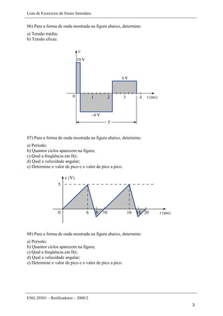 Lista de Exercícios de Sinais Senoidais
ENG 20301 – Retificadores – 2008/2
3
06) Para a forma de onda mostrada na figura abaixo, determine:
a) Tensão média;
b) Tensão eficaz.
07) Para a forma de onda mostrada na figura abaixo, determine:
a) Período;
b) Quantos ciclos aparecem na figura;
c) Qual a freqüência em Hz;
d) Qual a velocidade angular;
e) Determine o valor de pico e o valor de pico a pico.
08) Para a forma de onda mostrada na figura abaixo, determine:
a) Período;
b) Quantos ciclos aparecem na figura;
c) Qual a freqüência em Hz;
d) Qual a velocidade angular;
e) Determine o valor de pico e o valor de pico a pico.
 