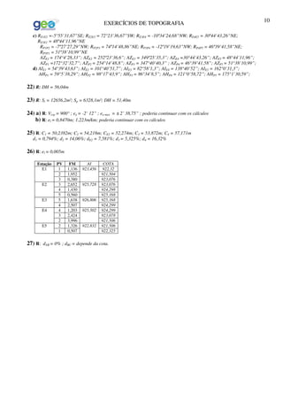EXERCÍCIOS DE TOPOGRAFIA 10
c) RE1E2 =-5°55’31,67”SE; RE2E3 = 72°23’36,67”SW; RE3E4 = -10º34’24,68”NW; RE4E5 = 30º44’43,26”NE;
RE5E1 = 48º44’11,96”NE
RP1P2 = -7º27’27,29”NW; RP2P3 = 74º14’48,86”NE; RP3P4 = -12º19’19,63”NW; RP4P5 = 46º39’41,58”NE;
RP5P1 = 51º38’10,99”NE
AZE1 = 174°4’28,33”; AZE2 = 252º23’36,6”; AZE3 = 349º25’35,3”; AZE4 =30°44’43,26”; AZE5 = 48°44’11,96”;
AZP1 =172°32’32,7”; AZP2 = 254°14’48,8”; AZP3 = 347°40’40,3” ; AZP4 = 46°39’41,58”; AZP5 = 51°38’10,99”;
d) AIE1 = 54°39’43,63”; AIE2 = 101°40’51,7”; AIE3 = 82°58’1,3”; AIE4 = 138°40’52”; AIE5 = 162°0’31,3”;
AHP1 = 59°5’38,29”; AHP2 = 98°17’43,9”; AHP3 = 86°34’8,5”; AHP4 = 121°0’58,72”; AHP5 = 175°1’30,59”;
22) R: DH = 56,04m
23) R: St = 12656,2m²; Sp = 6328,1m²; DH = 51,40m
24) a) R: Vesp = 900° ; ea = -2’ 12” ; ea max = ±2’ 38,75” ; poderia continuar com os cálculos
b) R: el = 0,8470m; 1,223m/km; poderia continuar com os cálculos
25) R: C1 = 50,2382m; C2 = 54,218m; CE2 = 52,274m; C3 = 53,872m; C4 = 57,171m
d1 = 0,794%; d2 = 14,06%; dE2 = 7,581%; d3 = 5,325%; d4 = 16,32%
26) R: el = 0,005m
27) R: dAB = 0% ; dBC = depende da cota.
Estação PV FM AI COTA
1 1,136 922,32
2 1,952 921,504
E1
3 0,380
923,456
923,076
3 2,652 923,076
4 1,430 924,298
E2
5 0,560
925,728
925,168
5 1,638 925,168E3
4 2,507
926,806
924,299
4 1,203 924,299
3 2,424 923,078
E4
2 3,996
925,502
921,506
2 1,326 921,506E5
1 0,507
922,832
922,325
 