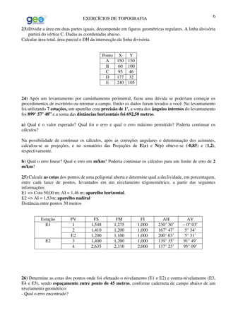 EXERCÍCIOS DE TOPOGRAFIA 6
23) Dividir a área em duas partes iguais, decompondo em figuras geométricas regulares. A linha divisória
partirá do vértice C. Dadas as coordenadas abaixo.
Calcular área total, área parcial e DH da intersecção da linha divisória.
Ponto X Y
A 150 150
B 60 100
C 95 46
D 177 32
E 240 105
24) Após um levantamento por caminhamento perimetral, ficou uma dúvida se poderiam começar os
procedimentos de escritório ou retornar a campo. Então os dados foram levados a você. No levantamento
foi utilizando 7 estações, um aparelho com precisão de 1’, a soma dos ângulos internos do levantamento
foi 899° 57’ 48” e a soma das distâncias horizontais foi 692,50 metros.
a) Qual é o valor esperado? Qual foi o erro e qual o erro máximo permitido? Poderia continuar os
cálculos?
Na possibilidade de continuar os cálculos, após as correções angulares e determinação dos azimutes,
calculou-se as projeções, e no somatório das Projeções de E(x) e N(y) obteve-se (-0,85) e (1,2),
respectivamente.
b) Qual o erro linear? Qual o erro em m/km? Poderia continuar os cálculos para um limite de erro de 2
m/km?
25) Calcule as cotas dos pontos de uma poligonal aberta e determine qual a declividade, em porcentagem,
entre cada lance de pontos, levantados em um nivelamento trigonométrico, a partir das seguintes
informações:
E1 => Cota 50,00 m; AI = 1,46 m; aparelho horizontal.
E2 => AI = 1,53m; aparelho nadiral
Distância entre pontos 30 metros
Estação PV FS FM FI AH AV
1 1,548 1,275 1,000 230° 30’ − 0° 03’
2 1,410 1,200 1,000 167° 47’ 5° 34’
E1
E2 1,200 1,100 1,000 200° 03’ 5° 31’
3 1,400 1,200 1,000 139° 35’ 91° 49’E2
4 2,635 2,310 2,000 137° 23’ 95° 09’
26) Determine as cotas dos pontos onde foi efetuado o nivelamento (E1 e E2) e contra-nivelamento (E3,
E4 e E5), sendo espaçamento entre ponto de 45 metros, conforme caderneta de campo abaixo de um
nivelamento geométrico:
- Qual o erro encontrado?
 