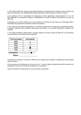 6. (Ufrn 2002) O DNA dos organismos do planeta Zbohrnya é constituído pelos mesmos 4 tipos de bases dos
seres vivos terrestres. Já o código genético desses organismos é determinado por códons de 2 bases.

a) As proteínas A, B e C, encontradas nos organismos da Terra, apresentam, respectivamente, 13, 16 e 19
tipos diferentes de aminoácidos. Explique a possibilidade da ocorrência dessas três proteínas nos seres de
Zbohrnya.

b) Sabendo que a vida em Zbohrnya e na Terra existe há 3,5 bilhões de anos, faça uma comparação entre a
diversidade dos organismos encontrados nesses dois planetas.

c) Se o gene de uma proteína respiratória de um organismo zbohrniano for introduzido numa bactéria terrestre,
a proteína produzida pela expressão desse gene será idêntica à da espécie zbohrniana? Justifique sua
resposta.

7. (Ufv 2000) Considere a tabela abaixo, contendo códigos de trincas de bases do DNA com os aminoácidos
correspondentes, para resolver os itens seguintes:




a) Determine a seqüência de bases do RNAm que foi utilizado para sintetizar o polipeptídeo esquematizado
abaixo da tabela.

b) Se ocorresse uma substituição, por uma purina, na 3 base do código correspondente ao 6Ž aminoácido do
polipeptídeo, qual seria o aminoácido da tabela a ser incorporado?

c) Qual é anticódon correspondente ao novo aminoácido incorporado?
 