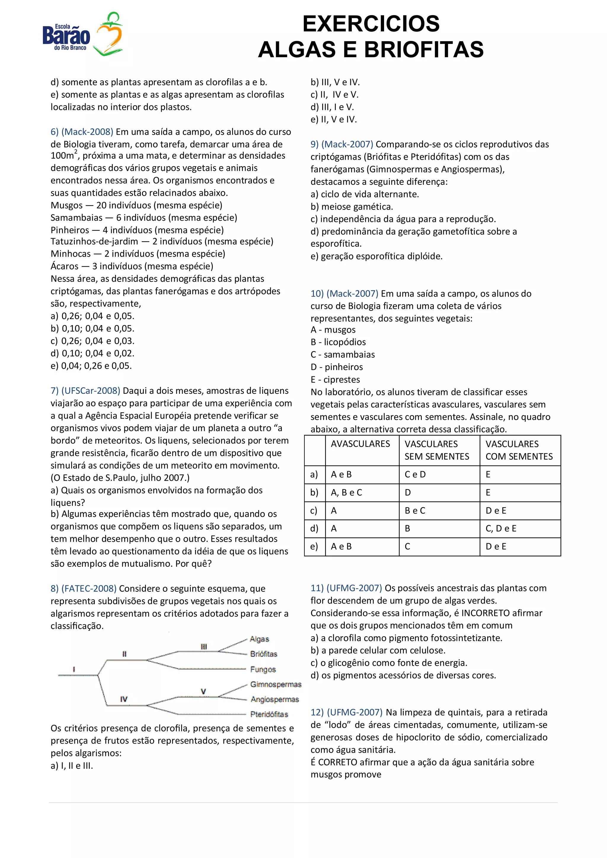Exercicios algas e briofitas | PDF