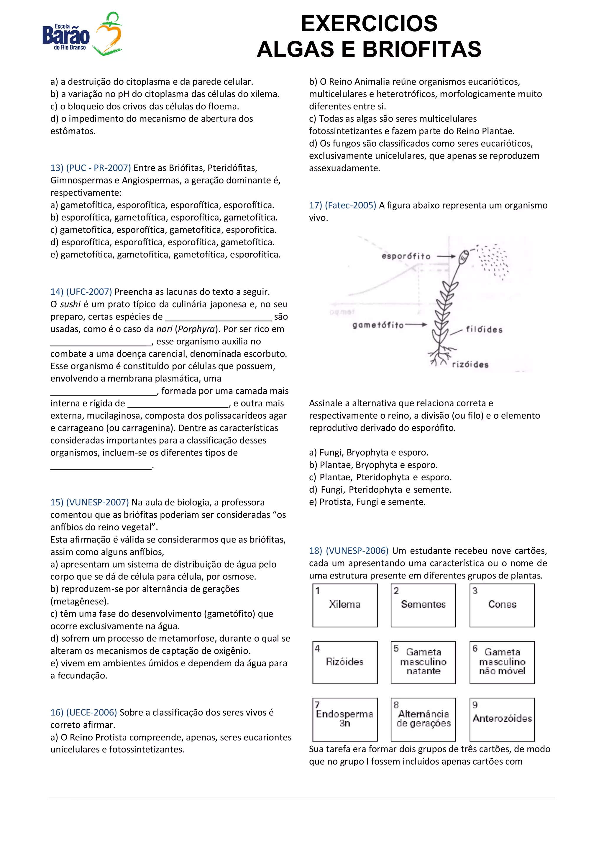 Exercicios algas e briofitas | PDF