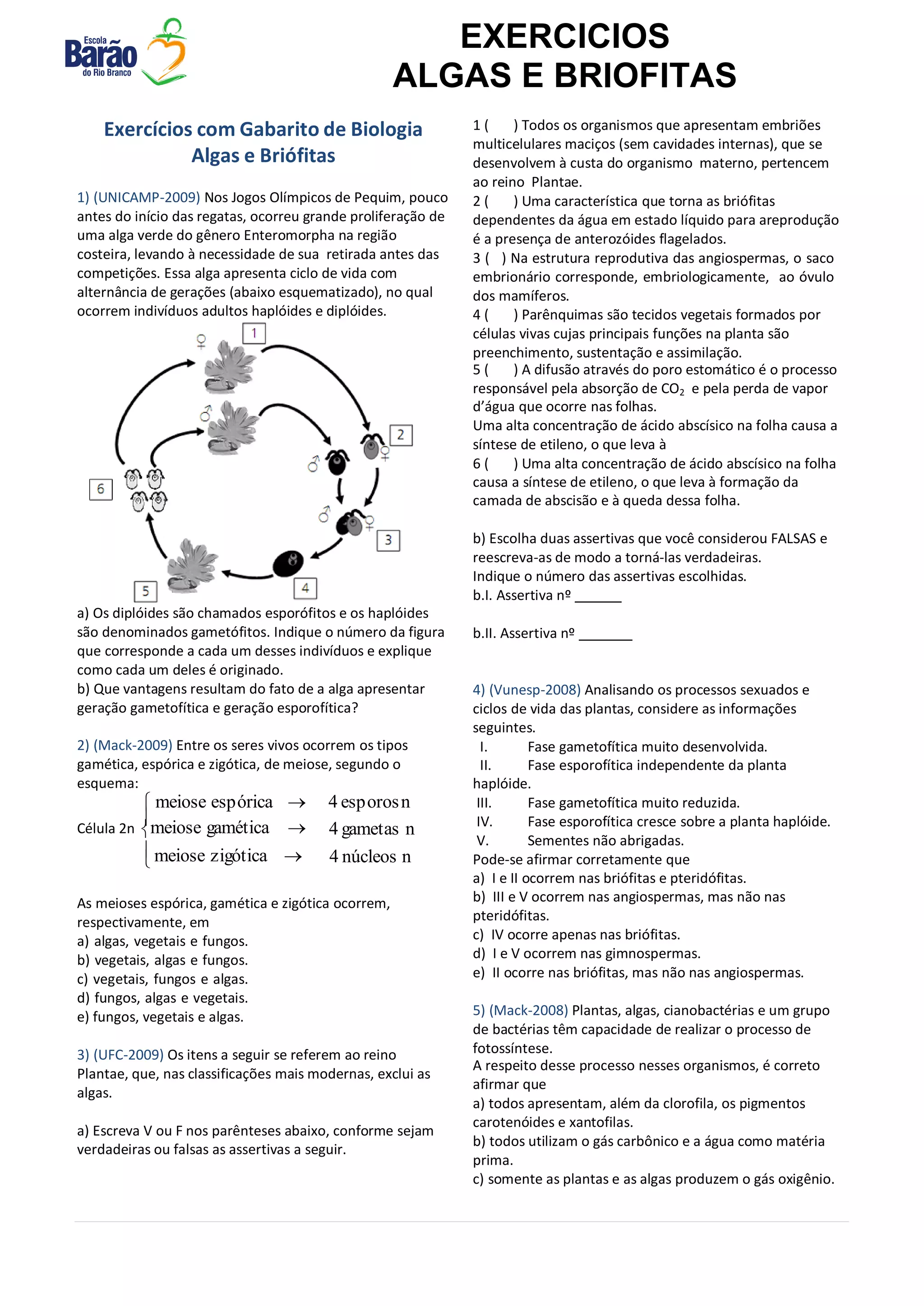 Exercicios algas e briofitas | PDF