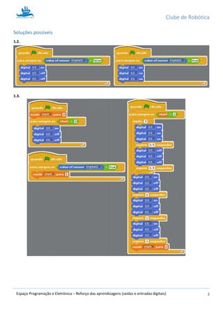 Clube de Robótica
3Espaço Programação e Eletrónica – Reforço das aprendizagens (saídas e entradas digitais)
Soluções possíveis
1.2.
1.3.
 
