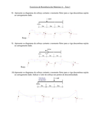 Exercícios de Resistência dos Materiais A - Área 1
8) Apresente os diagramas de esforço cortante e momento fletor para a viga descontínua sujeita
ao carregamento dado.
Resp.:
9) Apresente os diagramas de esforço cortante e momento fletor para a viga descontínua sujeita
ao carregamento dado.
Resp.:
10) Apresente os diagramas de esforço cortante e momento fletor para a viga descontínua sujeita
ao carregamento dado. Indicar o valor do esforço nos pontos de descontinuidade.
 