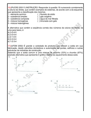16)(PUCRS 2001/1) INSTRUÇÃO: Responder à questão 16 numerando corretamente
a coluna da direita, que contém exemplos de sistemas, de acordo com a da esquerda,
que apresenta a classificação dos mesmos.
1 - elemento químico ( ) fluoreto de sódio
2 - substância simples ( ) gás oxigênio
3 - substância composta ( ) água do mar filtrada
4 - mistura homogênea ( ) limonada com gelo
5 - mistura heterogênea
A alternativa que contém a seqüência correta dos números da coluna da direita, de
uma para baixo, é
à) 3-2-4-5
b) 3-2-5-4
c) 2-1-4-5
d) 2-3-5-4
e) 1-2-3-4
17)(UFSM 2002) É grande a variedade de produtos que utilizam a solda em sua
fabricação, desde utensílios domésticos e automóveis até pontes, edifícios e outras
estruturas da indústrias de construção.
Sabendo que a solda comum é uma mistura de estanho (33%) e chumbo (67%),
assinale alternativa que apresenta 0 gráfico relativo ao aquecimento dessa soda.
 