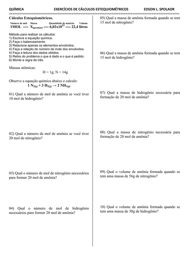 Exercicios calculos estequiométricos | PDF
