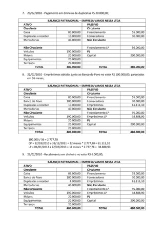 7. 20/02/2010 - Pagamento em dinheiro de duplicatas R$ 20.000,00;

                   BALANÇO PATRIMONIAL – EMPRESA VAMOS NESSA LTDA
ATIVO                                       PASSIVO
Circulante                                  Circulante
Caixa                           80.000,00   Financiamento                          55.000,00
Duplicatas a receber            10.000,00   Fornecedores                           30.000,00
Mercadorias                     40.000,00   Não Circulante

Não Circulante                                   Financiamento LP                  95.000,00
Veículos                         190.000,00      PL
Móveis                            20.000,00      Capital                          200.000,00
Equipamentos                      20.000,00
Terrenos                          20.000,00
         TOTAL                   380.000,00               TOTAL                   380.000,00

8. 22/02/2010 - Empréstimos obtidos junto ao Banco do Povo no valor R$ 100.000,00, parcelados
   em 36 meses;

                   BALANÇO PATRIMONIAL – EMPRESA VAMOS NESSA LTDA
ATIVO                                       PASSIVO
Circulante                                  Circulante
Caixa                           80.000,00   Financiamento                          55.000,00
Banco do Povo                  100.000,00   Fornecedores                           30.000,00
Duplicatas a receber            10.000,00   Empréstimos                            61.111,10
Mercadorias                     40.000,00   Não Circulante
Não Circulante                              Financiamento LP                       95.000,00
Veículos                       190.000,00   Empréstimos LP                         38.888,90
Móveis                          20.000,00   PL
Equipamentos                    20.000,00   Capital                               200.000,00
Terrenos                        20.000,00
         TOTAL                 480.000,00            TOTAL                        480.000,00

    100.000 / 36 = 2.777,78
    CP = 22/03/2010 a 31/12/2011 = 22 meses * 2.777,78 = 61.111,10
    LP = 01/01/2012 a 22/02/2013 = 14 meses * 2.777,78 = 38.888,90

9. 23/02/2010 - Recebimento em dinheiro no valor R$ 6.000,00;

                   BALANÇO PATRIMONIAL – EMPRESA VAMOS NESSA LTDA
ATIVO                                       PASSIVO
Circulante                                  Circulante
Caixa                           86.000,00   Financiamento                          55.000,00
Banco do Povo                  100.000,00   Fornecedores                           30.000,00
Duplicatas a receber             4.000,00   Empréstimos                            61.111,10
Mercadorias                     40.000,00   Não Circulante
Não Circulante                              Financiamento LP                       95.000,00
Veículos                       190.000,00   Empréstimos LP                         38.888,90
Móveis                          20.000,00   PL
Equipamentos                    20.000,00   Capital                               200.000,00
Terrenos                        20.000,00
         TOTAL                 480.000,00            TOTAL                        480.000,00
 