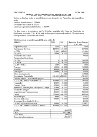 OBCURSOS                                                                     PODIVM
                WWW.CURSOPARACONCURSOS.COM.BR
Assim, ao final de todas as contabilizações, as alterações no Patrimônio da Investidora,
serão:
Valor do Investimento - $ 206.000
Dividendos a Receber - $ 24.000
Ganho de Equivalência Patrimonial - $ 80.000

Por fim, como o investimento na Cia. Estrela é avaliado pelo Custo de Aquisição, os
dividendos recebidos (2% x $ 100.000) serão registrados como Receita de Dividendos em
contrapartida de Dividendos a Receber.

O Patrimônio da Investidora, em 2002 será, então, de:
ATIVOS                                         2000       2001       Balancete de verificação
                                                                           31.12.2002
Disponibilidades                                     1.500   3.500                       1.000
Duplicatas a Receber                              224.000 210.000                     257.500
(-) PDD                                            (2.000) (4.000)                     (5.000)
Estoques                                           25.000 30.000                       70.000
Dividendos a Receber                                                                   34.000
Participações Societárias
Cia. SOL                                                0 80.000                     180.000
Cia. LUA                                                0 150.000                    206.000
Cia. ESTRELA                                        1.500    1.500                      1.500
Terrenos                                           60.000 60.000                     180.000
Veículos                                           40.000 40.000                       40.000
Edificações                                        20.000 20.000                       20.000
Obras em andamento                                          54.000                   150.000
Depreciação Acumulada                            (10.000) (20.000)                   (30.000)
Tributos sobre o Lucro e Participações                                                 86.100
TOTAL DO ATIVO + DESPESAS                         360.000 625.000                  1.105.000
Fornecedor                                         25.000 40.000                       56.000
Contas a Pagar                                     15.000 22.000                       80.000
Impostos, Contribuição e Participação a Pagar      11.000 26.000                       86.100
Dividendos a Pagar                                 25.000 35.000                       40.180
Empréstimos e Financiamentos                       40.000 60.000                     200.000
Capital                                           200.000 400.000                    430.000
Reserva Legal                                       4.000 12.000                       22.045
Reservas de Lucros                                 30.000 10.000                       40.180
Reserva de Reavaliação Reflexa                                                         40.000
Lucros/Prejuízos Acumulados                        10.000 20.000                     110.495
TOTAL DO PASSIVO +PL+RECEITAS                     360.000 625.000                  1.105.000

Vendas                                                          460.000
CMV                                                           (170.000)
Lucro Bruto                                                     290.000
Despesas Administrativas                                       (70.000)
 
