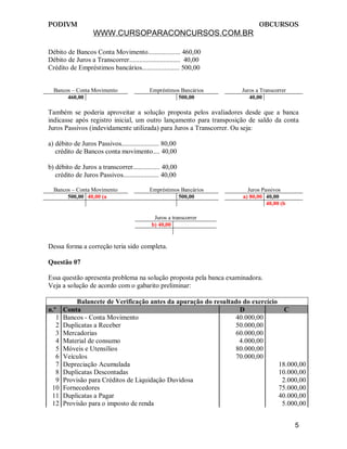 PODIVM                                                                     OBCURSOS
                   WWW.CURSOPARACONCURSOS.COM.BR

Débito de Bancos Conta Movimento................... 460,00
Débito de Juros a Transcorrer.............................. 40,00
Crédito de Empréstimos bancários...................... 500,00


  Bancos – Conta Movimento                 Empréstimos Bancários    Juros a Transcorrer
       460,00                                         500,00           40,00

Também se poderia aproveitar a solução proposta pelos avaliadores desde que a banca
indicasse após registro inicial, um outro lançamento para transposição de saldo da conta
Juros Passivos (indevidamente utilizada) para Juros a Transcorrer. Ou seja:

a) débito de Juros Passivos...................... 80,00
   crédito de Bancos conta movimento.... 40,00

b) débito de Juros a transcorrer................ 40,00
   crédito de Juros Passivos..................... 40,00

  Bancos – Conta Movimento                 Empréstimos Bancários      Juros Passivos
       500,00 40,00 (a                                500,00        a) 80,00 40,00
                                                                              40,00 (b

                                             Juros a transcorrer
                                            b) 40,00


Dessa forma a correção teria sido completa.

Questão 07

Essa questão apresenta problema na solução proposta pela banca examinadora.
Veja a solução de acordo com o gabarito preliminar:

            Balancete de Verificação antes da apuração do resultado do exercício
n.º    Conta                                                       D               C
   1   Bancos - Conta Movimento                                  40.000,00
   2   Duplicatas a Receber                                      50.000,00
   3   Mercadorias                                               60.000,00
   4   Material de consumo                                        4.000,00
   5   Móveis e Utensílios                                       80.000,00
   6   Veículos                                                  70.000,00
   7   Depreciação Acumulada                                                     18.000,00
   8   Duplicatas Descontadas                                                    10.000,00
   9   Provisão para Créditos de Liquidação Duvidosa                              2.000,00
 10    Fornecedores                                                              75.000,00
 11    Duplicatas a Pagar                                                        40.000,00
 12    Provisão para o imposto de renda                                           5.000,00


                                                                                          5
 