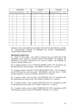 ENTRADA                                       SAÍDAS                               SALDOS
Data   quant    Preço unitário      Total       quant    Preço unitário       total   Quant   Preço unitário   total




  RESOLVA OS LANÇAMENTOS ABAIXO ATRAVÉS DE RAZONETES. APURE
  O   BALANCETE. UTILIZE O MÉTODO DA CONTA DESDOBRADA,
  INVENTÁRIO PERMANENTE.

  PRIMEIRO EXERCÍCIO:
  01 – Pedro da Silva funda, uma empresa comercial com um capital total de R$
  140.000,00, sendo formado da seguinte maneira: R$ 80.000,00 em dinheiro.; R$
  40.000,00 em um prédio comercial novo no centro da cidade; e R$ 20.000,00 em
  móveis e utensílios, todos novos;
  02 –A empresa compra a vista de “LOJAS JUAZEIRO LTDA”, 120 mercadorias, por
  R$ 50,00 cada uma, total da compra = R$ 6.000,00 ( ICMS de 17% , incluso);

  03 - a empresa compra a prazo DE “CASAS PRECO BOM LTDA” , 180 mercadorias,
  por R$ 55,00 cada uma, total da compra = R$ 9.900,00, conf. Nota fiscal n.º 4056,
  mediante duplicatas, a vencer em 360 dias; ( ICMS de 17% , incluso) ;

  04 – A empresa vende a vista, ao cliente “ANYTONIO DE TAL” 20 mercadorias, por
  R$ 160,00 cada uma, total da venda = R$ 3.200,00, ( ICMS de 17% , incluso);

  05 – A empresa vende a vista, ao cliente “JOÃO DE TAL” 50 mercadorias, por R$
  155,00 cada uma, total da venda = R$ 7.750,00, ( ICMS de 17% , incluso);

  06 – A empresa vende a vista, ao cliente “PEDRO DE TAL” 200 mercadorias, por R$
  150,00 cada uma, total da venda = R$ 30.000,00, ( ICMS de 17% , incluso);




  C:meus documentosfacape2008-2exercicios controle permanente - adm.doc
                                                                                                                 15
 