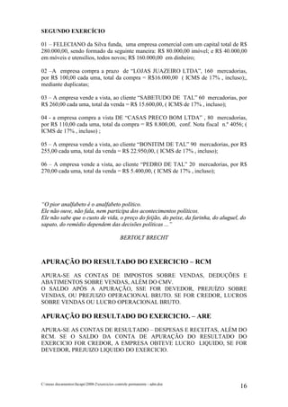 SEGUNDO EXERCÍCIO

01 – FELECIANO da Silva funda, uma empresa comercial com um capital total de R$
280.000,00, sendo formado da seguinte maneira: R$ 80.000,00 imóvel; e R$ 40.000,00
em móveis e utensílios, todos novos; R$ 160.000,00 em dinheiro;

02 –A empresa compra a prazo de “LOJAS JUAZEIRO LTDA”, 160 mercadorias,
por R$ 100,00 cada uma, total da compra = R$16.000,00 ( ICMS de 17% , incluso);,
mediante duplicatas;

03 – A empresa vende a vista, ao cliente “SABETUDO DE TAL” 60 mercadorias, por
R$ 260,00 cada uma, total da venda = R$ 15.600,00, ( ICMS de 17% , incluso);

04 - a empresa compra a vista DE “CASAS PRECO BOM LTDA” , 80 mercadorias,
por R$ 110,00 cada uma, total da compra = R$ 8.800,00, conf. Nota fiscal n.º 4056; (
ICMS de 17% , incluso) ;

05 – A empresa vende a vista, ao cliente “BONITIM DE TAL” 90 mercadorias, por R$
255,00 cada uma, total da venda = R$ 22.950,00, ( ICMS de 17% , incluso);

06 – A empresa vende a vista, ao cliente “PEDRO DE TAL” 20 mercadorias, por R$
270,00 cada uma, total da venda = R$ 5.400,00, ( ICMS de 17% , incluso);




“O pior analfabeto é o analfabeto político.
Ele não ouve, não fala, nem participa dos acontecimentos políticos.
Ele não sabe que o custo de vida, o preço do feijão, do peixe, da farinha, do aluguel, do
sapato, do remédio dependem das decisões políticas ...”

                                               BERTOLT BRECHT



APURAÇÃO DO RESULTADO DO EXERCICIO – RCM
APURA-SE AS CONTAS DE IMPOSTOS SOBRE VENDAS, DEDUÇÕES E
ABATIMENTOS SOBRE VENDAS, ALÉM DO CMV.
O SALDO APÓS A APURAÇÃO, SSE FOR DEVEDOR, PREJUÍZO SOBRE
VENDAS, OU PREJUIZO OPERACIONAL BRUTO. SE FOR CREDOR, LUCROS
SOBRE VENDAS OU LUCRO OPERACIONAL BRUTO.

APURAÇÃO DO RESULTADO DO EXERCICIO. – ARE
APURA-SE AS CONTAS DE RESULTADO – DESPESAS E RECEITAS, ALÉM DO
RCM. SE O SALDO DA CONTA DE APURAÇÃO DO RESULTADO DO
EXERCICIO FOR CREDOR, A EMPRESA OBTEVE LUCRO LIQUIDO, SE FOR
DEVEDOR, PREJUIZO LIQUIDO DO EXERCICIO.




C:meus documentosfacape2008-2exercicios controle permanente - adm.doc
                                                                                      16
 