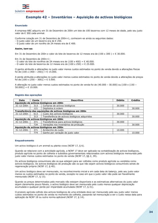 boletim empresarial
34
Exemplo 42 – Inventários – Aquisição de activos biológicos
Enunciado
A empresa ABC adquiriu em 31 de Dezembro de 200n um lote de 100 bezerros com 12 meses de idade, pelo seu justo
valor de € 300 cada animal.
Conforme cotação em 31 de Dezembro de 200n+1, conhecem-se ainda os seguintes dados:
- O justo valor de um bezerro era de € 250.
- O justo valor de um novilho de 24 meses era de € 400.
Assim, tem-se:
Em 31 de Dezembro de 200n o valor do lote de bezerros de 12 meses era de (100 x 300 ) = € 30.000.
Em 31 de Dezembro de 200n+1:
- O valor do lote de novilhos de 24 meses era de (100 x 400) = € 40.000.
- O valor do lote de bezerros de 12 meses era de (100 x 250) = € 25.000.
O ganho atribuído a alterações no justo valor menos custos estimados no ponto de venda devido a alterações físicas
foi de [100 x (400 – 250)] = € 15.000.
A perda atribuída a alterações no justo valor menos custos estimados no ponto de venda devido a alterações de preços
foi de [100 x (250 – 300)] = € 5.000.
A alteração no justo valor menos custos estimados no ponto de venda foi de (40.000 – 30.000) ou [100 x (150 –
50.000)] = € 10.000.
Registo das operações
Data Conta Descritivo Débito Crédito
Aquisição de activos biológicos em 200n
31-12-200n 313 Compras de activos biológicos 30.000
121 Depósitos à ordem 30.000
Transferência das aquisições de activos biológicos em 200n
31-12-200n 613 Custo dos activos biológicos 30.000
313 Transferência de activos biológicos adquiridos 30.000
Aquisição de activos biológicos em 200n
31-12-200n 371 Transferência para activos biológicos 30.000
734 Variações nos inventários da produção 30.000
Aquisição de activos biológicos em 200n
31-12-200n 371 Acréscimo do custo 10.000
774 Ganho por variação de justo valor 10.000
Enquadramento
Um activo biológico é um animal ou planta vivos (NCRF 17, § 6).
Quando se relacione com a actividade agrícola, a NCRF 17 deve ser aplicada na contabilização de activos biológicos,
produto agrícola no ponto de colheita e subsídios governamentais relacionados com activos biológicos mensurado pelo
justo valor menos custos estimados no ponto de venda (NCRF 17, §§ 2, 39).
Os activos biológicos consumíveis são os que estejam para ser colhidos como produto agrícola ou vendidos como
activos biológicos. Os activos biológicos de produção são os que não sejam activos biológicos consumíveis sendo de
regeneração própria (NCRF 17, § 40).
Um activo biológico deve ser mensurado, no reconhecimento inicial e em cada data de balanço, pelo seu justo valor
menos os custos estimados no ponto de venda, excepto no caso em que o justo valor não pode ser fiavelmente
mensurado (NCRF 17, § 13).
Quando os preços determinados pelo mercado não estejam disponíveis e as estimativas alternativas do justo valor
sejam claramente pouco fiáveis, o activo biológico deve ser mensurado pelo custo menos qualquer depreciação
acumulada e qualquer perda por imparidade acumulada (NCRF 17, § 31).
O produto agrícola colhido dos activos biológicos de uma entidade deve ser mensurado pelo seu justo valor menos
custos estimados no ponto de venda no momento da colheita, passando tal mensuração a ser o custo nessa data para
aplicação da NCRF 18 ou outra norma aplicável (NCRF 17, § 14).
 