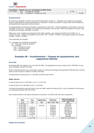 boletim empresarial
37
Inventários – Produto zzz, em 1 de Outubro de 200n (final)
31-10-200n 34xx Variação da produção 21.000
7322 Inventários – produto zzz, final 21.000
Enquadramento
No caso de ser adoptado o sistema de inventário permanente a conta 73 – Variações nos inventários da produção,
deve ser subdividida em contas divisionárias em “Produção” e “Custo das vendas”, as quais serão movimentadas por
contrapartida das respectivas contas da classe 3.
As regularizações de quebras de produção, reconhecidas na conta 384 – Produtos acabados e intermédios, devem ser
imputadas à conta 732 – Variações nos inventários da produção, uma vez que o rédito da produção tem que ser igual
aos gastos de produção verificados no período.
Neste caso, foram vendidos da produção do mês 2.990 unidades, cujo custo de produção foi de (2.990 x 8 = €
23.920), por isso, o rédito de produção foi de (23.920 + 80 + 21.000 = 45.000), o que iguala os gastos de produção
(36.000 + 9.000 = 45.000).
Criar subcontas, por exemplo:
73 – Variações nos inventários da produção
731 – Custo das vendas de produtos
732 – Produção
7321 – Inventários iniciais
7322 – Inventários finais
7323 – Regularizações
Exemplo 46 – Investimentos – Compra de equipamento com
pagamento diferido
Enunciado
Na empresa Alfa, SA, adquiriu, em 1 de Junho de 200n, um equipamento em que o preço é de € 1.500.000, no caso
de ser liquidado no prazo de 30 dias.
Porém a empresa acordou com o fornecedor, pagar no momento da entrega do equipamento € 600.000 mais o IVA da
factura à taxa normal e o restante 7 meses mais tarde.
O equipamento foi facturado por € 1.554.000 mais IVA à taxa normal.
Assim, tem-se:
O valor da factura é de (1.554.000 x 1,23) = € 1.911.420
O valor do IVA é de (1.554.000 x 0,23) = € 357.420
A empresa fornecedora, para este prazo e risco de crédito, aplica uma taxa de 6%, o que corresponde a uma taxa de
juro equivalente mensal (TJE) de 0,976%.
Valor actual da dívida e dos gastos financeiros a reconhecer no final de cada mês, são os seguintes:
Data Juro Pagamento Diferença
Valor da dívida ao
custo amortizado
(1) (2) (3) (4) = (2) – (3) (5)
01-06-200n
01-06-200n
30-06-200n
31-07-200n
31-08-200n
30-09-200n
31-10-200n
30-11-200n
01-12-200n
-
-
8.782,91
8.868,63
8.955,17
9.042,56
9.130,81
9.219,91
0
-
957.420
-
957.420
8.782,91
8.868,63
8.955,17
9.042,56
9.130,81
9.219,91
0
1.857.420
900.000
908.782,91
917.651,54
926.606,71
935.649,28
944.780,09
954.000
954.000
(5) x TJE (mês 0) + [(4) mês 1]
Registo das operações
 