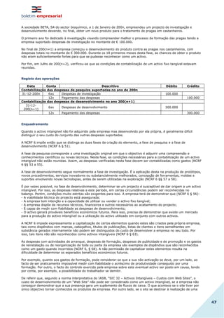 boletim empresarial
47
A sociedade BETA, SA do sector bioquímico, a 1 de Janeiro de 200n, empreendeu um projecto de investigação e
desenvolvimento devendo, no final, obter um novo produto para o tratamento de pragas em castanheiros.
O primeiro ano foi dedicado à investigação visando compreender melhor o processo de formação das pragas tendo a
empresa suportado despesas de investigação no montante de € 100.000.
No final de 200(n+1) a empresa começou o desenvolvimento do produto contra as pragas nos castanheiros, com
despesas totais no montante de € 300.000. Durante os 18 primeiros meses desta fase, as chances de obter o produto
não eram suficientemente fortes para que se pudesse reconhecer como um activo.
Por fim, em Julho de 200(n+2), verificou-se que as condições de contabilização de um activo fixo tangível estavam
reunidas.
Registo das operações
Data Conta Descritivo Débito Crédito
Contabilização das despesas de pesquiza suportadas no ano de 200n
31-12-200n 6xx Despesas de investigação 100.000
12x Pagamento das despesas 100.000
Contabilização das despesas de desenvolvimento no ano 200(n+1)
31-12-
200(n+1)
6xx Despesas de desenvolvimento 300.000
12x Pagamento das despesas 300.000
Enquadramento
Quando o activo intangível não foi adquirido pela empresa mas desenvolvido por ela própria, é geralmente difícil
distinguir o seu custo do conjunto das outras despesas suportadas.
A NCRF 6 impõe então que se distinga as duas fases da criação do elemento, a fase de pesquisa e a fase de
desenvolvimento (NCRF 6 § 51).
A fase da pesquisa corresponde a uma investigação original em que o objectivo é adquirir uma compreensão e
conhecimentos científicos ou novas técnicas. Nesta fase, as condições necessárias para a contabilização de um activo
intangível não estão reunidas. Assim, as despesas verificadas nesta fase devem ser contabilizadas como gastos (NCRF
6 §§ 53 a 55).
A fase de desenvolvimento segue normalmente a fase de investigação. É a aplicação desta na produção de protótipos,
novos procedimentos, serviços inovadores ou substancialmente melhorados, concepção de ferramentas, moldes e
suportes envolvendo novas tecnologias, antes de serem utilizadas na exploração (NCRF 6 §§ 57 a 58).
É por vezes possível, na fase de desenvolvimento, determinar se um projecto é susceptível de dar origem a um activo
intangível. Por isso, as despesas relativas a este período, em certas circunstâncias podem ser reconhecidas no
balanço. Porém, condições muito estritas são exigentes para isso. A empresa terá de demonstrar que (NCRF 6 § 56):
- A viabilidade técnica do projecto está assegurada;
- A empresa tem intenção e a capacidade de utilizar ou vender o activo fixo tangível;
- A empresa dispõe de recursos técnicos, financeiros e outros necessários ao acabamento do projecto;
- É capaz de medir com fiabilidade as despesas de desenvolvimento;
- O activo gerará prováveis benefícios económicos futuros. Para isso, precisa de demonstrar que existe um mercado
para a produção do activo intangível ou a utilização do activo utilizado em conjunto com outros activos.
A NCRF 6 impede expressamente a capitalização de certos elementos quando estes são criados pela própria empresa,
tais como dispêndios com marcas, cabeçalhos, títulos de publicações, listas de clientes e itens semelhantes em
substância gerados internamente não podem ser distinguidos do custo de desenvolver a empresa no seu todo. Por
isso, tais itens não são reconhecidos como activos intangíveis (NCRF 6 § 63).
As despesas com actividades de arranque, despesas de formação, despesas de publicidade e de promoção e os gastos
de reinstalação ou de reorganização de toda ou parte da empresa são exemplos de dispêndios que são reconhecidos
como um gasto quando incorridos (NCRF 6, § 68). A não permissão de capitalizar estes elementos resulta na
dificuldade de determinar os esperados benefícios económicos futuros.
Por exemplo, quanto aos gastos de formação, pode considerar-se que a sua não activação se deve, por um lado, ao
facto de ser praticamente impossível medir com fiabilidade o acréscimo de produtividade conseguido por uma
formação. Por outro, o facto do controlo exercido pela empresa sobre este eventual activo ser posto em causa, tendo
por conta, por exemplo, a possibilidade do trabalhador se demitir.
De referir que, segundo a norma interpretativa do IASB, “SIC 32 – Activos Intangíveis – Custos com Web Sites”, o
custo de desenvolvimento de um “Web Site” não pode ser considerado como um activo intangível, se a empresa não
conseguir demonstrar que a sua presença gera um suplemento de fluxos de caixa. O que acontece se o site tiver por
único objectivo tornar conhecidos os produtos da empresa. Por outro lado, se o site se destinar à realização de uma
 