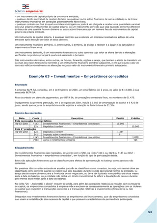 boletim empresarial
53
- um instrumento de capital próprio de uma outra entidade;
- qualquer direito contratual de receber dinheiro ou qualquer outro activo financeiro de outra entidade ou de trocar
instrumentos financeiros em condições potencialmente favoráveis;
- qualquer contrato no final do qual a entidade é obrigada ou poderá ser obrigada a receber uma quantidade variável
dos seus próprios instrumentos de capital próprio, ou um instrumento derivado que seja liquidado de forma diferente
da troca de uma quantia fixa em dinheiro ou outro activo financeiro por um número fixo de instrumentos de capital
próprio da própria entidade.
Um instrumento de capital próprio, é qualquer contrato que evidencie um interesse residual nos activos de uma
entidade após dedução de todos os seus passivos.
Um instrumento financeiro primário, é, entre outros, o dinheiro, as dívidas a receber e a pagar e as aplicações e
investimentos financeiros.
Um instrumento derivado, é um instrumento financeiro ou outro contrato cujo valor se altera devido a alterações
verificadas no produto principal à qual está associado o derivado.
São instrumentos derivados, entre outros, os futuros, forwards, opções e swaps, que tenham o efeito de transferir um
ou mais dos riscos financeiros inerentes a um instrumento financeiro primário subjacente, e em que o justo valor do
contrato reflicta normalmente as alterações no justo valor do instrumento financeiro primário subjacente.
Exemplo 63 – Investimentos – Empréstimos concedidos
Enunciado
A empresa ALFA SA, concedeu, em 1 de Fevereiro de 200n, um empréstimo por 2 anos, no valor de € 10.000, à sua
associada BETA SA.
Ficou acordado um plano de pagamentos, por BETA SA, de prestações semestrais fixas, no montante de €1.475.
O pagamento da primeira prestação, em 1 de Agosto de 200n, incluía € 1.050 de amortização de capital e € 425 de
juros, sendo que os juros do empréstimo estão sujeitos a retenção na fonte à taxa de 21,5%.
Registo das operações
Data Conta Descritivo Débito Crédito
Pela concessão do empréstimo
01-02-200n 41x3 Investimentos financeiros – Empréstimos concedidos 10.000
12x Depósitos à ordem 10.000
Pela 1ª prestação
01-08-200n 12x Depósitos à ordem 1.384
241 Imposto sobre o rendimento 91
41x3 Investimentos financeiros – Empréstimos concedidos 1.050
7913 Juros e rendimentos similares 425
Enquadramento
Os investimentos financeiros são registados, de acordo com o SNC, na conta “4113, ou 4123 ou 4133 ou 4142 –
Investimentos financeiros – empréstimos concedidos”, em função do tipo de participação detida.
Estes são aplicações financeiras que se classificam para efeitos de apresentação no balanço como passivos não
correntes.
Por passivos não correntes entende-se aqueles que não se classificam como correntes, ou seja, um passivo deve ser
classificado como corrente quando se espere que seja liquidado durante o ciclo operacional normal da entidade, ou
esteja detido essencialmente para a finalidade de ser negociado, ou deva ser liquidado num período até doze meses
após a data do balanço, ou a entidade não tenha um direito incondicional de diferir a liquidação do passivo durante
pelo menos doze meses após a data do balanço.
Na conta “26 – Accionistas / sócios” incluem-se ainda, para além das operações relativas às relações com os titulares
de capital, os empréstimos concedidos à empresa-mãe e excluem-se consequentemente as operações com os titulares
de capital que respeitem a transacções correntes e a transacções relativas a investimentos (financeiros ou não
financeiros).
Integrados nos investimentos financeiros temos os empréstimos de financiamento, que são empréstimos concedidos
que visam a rentabilização dos excessos de capital e que possuem características de permanência prolongada.
 
