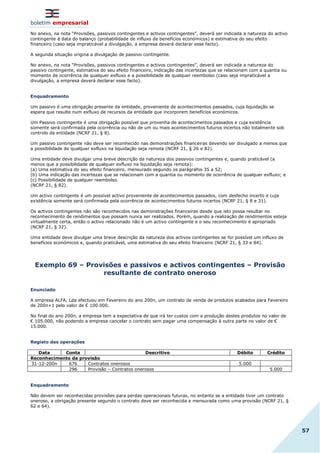 boletim empresarial
57
No anexo, na nota “Provisões, passivos contingentes e activos contingentes”, deverá ser indicada a natureza do activo
contingente à data do balanço (probabilidade de influxo de benefícios económicos) e estimativa do seu efeito
financeiro (caso seja impraticável a divulgação, a empresa deverá declarar esse facto).
A segunda situação origina a divulgação de passivo contingente.
No anexo, na nota “Provisões, passivos contingentes e activos contingentes”, deverá ser indicada a natureza do
passivo contingente, estimativa do seu efeito financeiro, indicação das incertezas que se relacionam com a quantia ou
momento de ocorrência de qualquer exfluxo e a possibilidade de qualquer reembolso (caso seja impraticável a
divulgação, a empresa deverá declarar esse facto).
Enquadramento
Um passivo é uma obrigação presente da entidade, proveniente de acontecimentos passados, cuja liquidação se
espera que resulte num exfluxo de recursos da entidade que incorporem benefícios económicos.
Um Passivo contingente é uma obrigação possível que provenha de acontecimentos passados e cuja existência
somente será confirmada pela ocorrência ou não de um ou mais acontecimentos futuros incertos não totalmente sob
controlo da entidade (NCRF 21, § 8).
Um passivo contingente não deve ser reconhecido nas demonstrações financeiras devendo ser divulgado a menos que
a possibilidade de qualquer exfluxo na liquidação seja remota (NCRF 21, § 26 e 82).
Uma entidade deve divulgar uma breve descrição da natureza dos passivos contingentes e, quando praticável (a
menos que a possibilidade de qualquer exfluxo na liquidação seja remota):
(a) Uma estimativa do seu efeito financeiro, mensurado segundo os parágrafos 35 a 52;
(b) Uma indicação das incertezas que se relacionam com a quantia ou momento de ocorrência de qualquer exfluxo; e
(c) Possibilidade de qualquer reembolso.
(NCRF 21, § 82).
Um activo contingente é um possível activo proveniente de acontecimentos passados, com desfecho incerto e cuja
existência somente será confirmada pela ocorrência de acontecimentos futuros incertos (NCRF 21, § 8 e 31).
Os activos contingentes não são reconhecidos nas demonstrações financeiras desde que isto possa resultar no
reconhecimento de rendimentos que possam nunca ser realizados. Porém, quando a realização de rendimentos esteja
virtualmente certa, então o activo relacionado não é um activo contingente e o seu reconhecimento é apropriado
(NCRF 21, § 32).
Uma entidade deve divulgar uma breve descrição da natureza dos activos contingentes se for possível um influxo de
benefícios económicos e, quando praticável, uma estimativa do seu efeito financeiro (NCRF 21, § 33 e 84).
Exemplo 69 – Provisões e passivos e activos contingentes – Provisão
resultante de contrato oneroso
Enunciado
A empresa ALFA, Lda efectuou em Fevereiro do ano 200n, um contrato de venda de produtos acabados para Fevereiro
de 200n+1 pelo valor de € 100.000.
No final do ano 200n, a empresa tem a expectativa de que irá ter custos com a produção destes produtos no valor de
€ 105.000, não podendo a empresa cancelar o contrato sem pagar uma compensação à outra parte no valor de €
15.000.
Registo das operações
Data Conta Descritivo Débito Crédito
Reconhecimento da provisão
31-12-200n 676 Contratos onerosos 5.000
296 Provisão – Contratos onerosos 5.000
Enquadramento
Não devem ser reconhecidas provisões para perdas operacionais futuras, no entanto se a entidade tiver um contrato
oneroso, a obrigação presente segundo o contrato deve ser reconhecida e mensurada como uma provisão (NCRF 21, §
62 e 64).
 