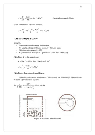 10
2
42,13
6,0
05,8
mA
hlf
V
A =⇒== Serão adotados dois filtros.
Se for adotada área circular, teremos:
md
dxd
A 9,2
42
42,13
4
22
=⇒
⋅
=⇒=
ππ
SUMIDOURO (NBR 7229/93)
DADOS:
• Sumidouro cilíndrico sem enchimento
• Ci (coeficiente de infiltração no solo) = 80 L/m2
x dia
• N (número de pessoas) = 150
• C (contribuição diária)= 50 L/pessoa.dia (valor de TABELA 1)
Cálculo da área do sumidouro:
V = N x C = 150 x 50 = 7500 L ou 7,5m3
2
75,93
80
7500
m
Ci
V
A ===
Cálculo das dimensões do sumidouro:
Serão necessários três sumidouros. Considerando um diâmetro (d) do sumidouro
de 2,5m, a profundidade (h) será:
m
r
A
h 0,498,3
2
5,223
75,93
.23
≅=
⋅⋅⋅
=
⋅
=
ππ
Figura 4 - Esquema do Sumidouro
 