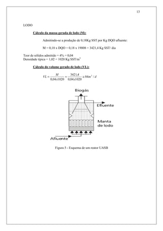 13
LODO
Cálculo da massa gerada de lodo (M):
Admitindo-se a produção de 0,18Kg SST por Kg DQO afluente:
M = 0,18 x DQO = 0,18 x 19008 = 3421,4 Kg SST/ dia
Teor de sólidos admitido = 4% = 0,04
Densidade típica = 1,02 = 1020 Kg SST/m3
Cálculo do volume gerado de lodo (VL):
dm
xx
M
VL /84
102004,0
4,3421
102004,0
3
≅==
Figura 5 - Esquema de um reator UASB
 