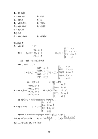 41
2.15 b) 10 11
2.16 a) 0.504 b) 0.296
2.18 a) 0.4 b) 2/3
2.19 a) 51.25% b) 7.32%
2.20 a) 0.0905 b) 0.6633
2.21 b) 0.64
2.22 0.2
2.23 a) 0.13043 b) 0.43478
Capítulo 3
3.1 a) i) 4/5 ii) 1/3
b) i) fX x( ) =
0.2, x = 0
0.6, x = 1
0.2, x = 2





ii) FX x( ) =
0, x < 0
0.2, 0 ≤ x <1
0.8, 1≤ x < 2
1, x ≥ 2





iii) E X( )= 1 e V X( )= 0.4
c)a) i) 20/27 ii) 1/3
b) i) fX x( ) =
8 27, x = 0
12 27, x =1
6 27, x = 2
1 27, x = 3





ii) FX x( ) =
0, x < 0
8 27, 0 ≤ x < 1
20 27, 1 ≤ x < 2
26 27, 2 ≤ x < 3
1, x ≥ 3







iii) E X( )= 1 iv) V X( )= 2 3
3.2 a) fX x( ) =
0.001, x = 0
0.027, x =1
0.243, x = 2
0.729, x = 3





b) FX x( ) =
0, x < 0
0.001, 0 ≤ x < 1
0.028, 1 ≤ x < 2
0.271, 2 ≤ x < 3
1, x ≥ 3







c) E X( )= 2.7, moda=mediana=3 e V(X)=0.27
3.3 a) a = 1 6 b) FX x( ) =
0, x < 1
1 6, 1 ≤ x < 2
1 2, 2 ≤ x < 3
1 x ≥ 3





c) moda = 3; mediana = qualquer ponto ∈ [2,3]; E X( )= 7 3
3.4 a) −1 3 ≤ c ≤1 4 b) E X( )=
10 − 9c
4
c) V X( )=
20 −8c − 81c2
16
3.5 E X( )= 2.6; P X < 0( )= 0.3
 