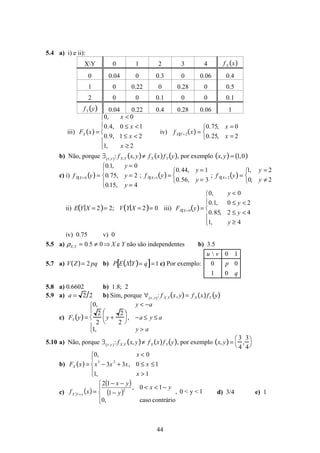 44
5.4 a) i) e ii):
XY 0 1 2 3 4 fX x( )
0 0.04 0 0.3 0 0.06 0.4
1 0 0.22 0 0.28 0 0.5
2 0 0 0.1 0 0 0.1
fY y( ) 0.04 0.22 0.4 0.28 0.06 1
iii) FX x( ) =
0, x < 0
0.4, 0 ≤ x <1
0.9, 1 ≤ x < 2
1, x ≥ 2





iv) fX Y = 2 x( ) =
0.75, x = 0
0.25, x = 2



b) Não, porque ∃ x,y( ): fX,Y x, y( )≠ fX x( )fY y( ), por exemplo x, y( )= 1,0( )
c) i) fY X= 0 y( )=
0.1, y = 0
0.75, y = 2
0.15, y = 4





; fY X=1 y( )=
0.44, y = 1
0.56, y = 3



; fY X= 2 y( )=
1, y = 2
0, y ≠ 2



ii) E Y X = 2( )= 2; V Y X = 2( )= 0 iii) FY X= 0 y( )=
0, y < 0
0.1, 0 ≤ y < 2
0.85, 2 ≤ y < 4
1, y ≥ 4





iv) 0.75 v) 0
5.5 a) ρX,Y = 0.5 ≠ 0 ⇒ X e Y não são independentes b) 3.5
5.7 a) V Z( )= 2 pq b) P E X Y( )= q[ ]=1 c) Por exemplo:
u  v 0 1
0 p 0
1 0 q
5.8 a) 0.6602 b) 1.8; 2
5.9 a) a = 2 2 b) Sim, porque ∀ x, y( ): f X,Y x, y( )= fX x( )fY y( )
c) FY y( )=
0, y < −a
2
2
y +
2
2


 

, −a ≤ y ≤ a
1, y > a





5.10 a) Não, porque ∃ x,y( ): fX,Y x, y( )≠ fX x( )fY y( ), por exemplo x, y( )=
3
4
,
3
4




b) FX x( ) =
0, x < 0
x
3
− 3x
2
+ 3x, 0 ≤ x ≤1
1, x > 1





c) ( )
( )
( ) 1<y<0,
contráriocaso,0
10,
1
12
2




−<<
−
−−
==
yx
y
yx
xf yYX d) 3/4 e) 1
 