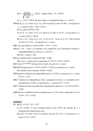 48
b) T =
ˆP − 0.1
0.1 × 0.9
100
~
sob Ho
a
N 0,1( ); Região crítica: T >1.4051{ }
c) tobs = 0.67 < 1.4051, não deve rejeitar o carregamento (para o n. s. de 8%)
8.19 a) H0 :µ1 = µ2 versus H1:µ1 ≠ µ2 , não se rejeita H0 para α ≤ 80% , ou seja para os
n. s. usuais (-0.255 < -0.02 < 0.255)
b) IC95% µ( )= 8.936;11.136( )
c) H0 :σ2
= 4 versus H1:σ2
≠ 4, rejeita-se H0 para α ≥ 0.1% , ou seja para os n.
s. usuais (183.65 > 89.56)
d) H0 :p = 0.1 versus H1:p > 0.1 ou H0 :p ≤ 0.1 versus H1:p > 0.1. Não se rejeita
H0 para α ≤ 31.9% , ou seja para os n. s. usuais
8.20 Sim, para ambos os níveis (0.5596 < 7.815 < 11.34)
8.21 a) 11.96 < 20.52, os resultados são compatíveis com distribuição binomial e
equiprobabilidade dos sexos ao n. s. de 0.1%
b) 0.025 < valor-p < 0.05
8.22 a) A hipótese não é rejeitada (0.2308 < 9.488)
b) É, aos n. s. usuais (não se rejeita para %5.97≤α , 0.4214 < 0.472)
8.23 valor-p )6.0,5.0(∈ pelo que não se rejeita H0 para os n. s. usuais
8.24 a) Não rejeitar para α ≤ 92.5% (0.4347 < 0.472), ou seja para os n. s. usuais
b) A hipótese não é rejeitada (0.4505 < 6.635)
8.25 Rejeita-se a hipótese de independência para α ≥ 0.05%, ou seja para os n. s. usuais
(27.14 > 12.12)
8.26 A hipótese de independência entre o programa de treino e os resultados não é
rejeitada para α ≤ 60%, ou seja para os n. s. usuais (2.742 > 2.753)
8.27 A hipótese de não associação não é apoiada pelos dados ao n. s. de 10% (195.97 >
2.706)
8.28 Rejeita-se a hipótese de não associação para α ≥ 2.5%, não se rejeita para α ≤ 1%
(5.024 < 5.15 < 6.635)
Capítulo 9
9.1 b) ˆβ0 =153.917; ˆβ1 = 2.417
c) R2
= 0.9593. A recta estimada ajusta-se bem, 95.9% da variação de Y é
explicada pela relação linear com x.
d) H0 :β1 = 0 versus H1:β1 ≠ 0, rejeita-se H0 para α ≥ 0.1% , ou seja para os n.s.
usuais (15.35 > 4.587)
 