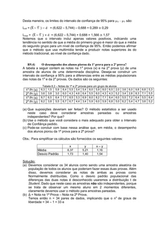 Desta maneira, os limites do intervalo de confiança de 95% para µX – µY são:
Linf = ( = (6,622 – 5,744) – 0,688 = 0,289 0,29
Lsup = ( = (6,622 – 5,744) + 0,688 = 1,566 1,57
Notemos que o intervalo inclui apenas valores positivos, indicando uma
tendência no sentido de que a média do primeiro grupo é maior do que a média
do segundo grupo para um nível de confiança de 95%. Então podemos afirmar
que o método que usa multimídia tende a produzir notas superiores às do
método tradicional, ao nível de confiança dado.
R9.4) O desempenho dos alunos piorou da 1ª prova para a 2ª prova?
A tabela a seguir contem as notas na 1a
prova (x) e na 2a
prova (y) de uma
amostra de alunos de uma determinada disciplina. Deseja-se construir um
intervalo de confiança a 95% para a diferencias entre as médias populacionais
das notas da 1a
e da 2a
provas. Os dados são os seguintes:
Tabela 8.2 – Notas da 1ª e 2ª provas para um grupo de alunos
1a
Pr (x) 6,3 1,5 5,9 6,4 5,5 5,4 5,4 8,0 5,9 8,0 6,5 2,0 3,6 6,0 9,8 6,8 5,3
2a
Pr (y) 3,6 3,8 3,0 6,0 4,3 4,6 6,4 5,5 6,0 4,3 4,3 5,2 3,4 2,8 8,3 7,1 5,5
1a
Pr (x) 8,7 6,5 6,4 7,7 8,5 5,3 6,9 8,0 8,2 7,1 8,4 6,0 5,5 7,2 6,4 5,5 6,4
2a
Pr (y) 8,2 3,8 5,5 6,7 6,7 4,4 3,4 5,9 6,0 5,9 6,8 5,0 6,2 5,4 4,7 3,6 5,2
(a) Que suposições deveriam ser feitas? O método estatístico a ser usado
neste caso deve considerar amostras pareadas ou amostras
independentes? Por que?
(b) Use o método que você considera o mais adequado para obter o Intervalo
de Confiânça pedido.
(c) Pode-se concluir com base nessa análise que, em média, o desempenho
dos alunos piorou da 1ª prova para a 2ª prova?
Obs.: Para simplificar os cálculos são fornecidos os seguintes valores:
x y x – y
Média 6,37 5,21 1,16
Desvio Padrão 1,73 1,40 1,54
Solução:
(a) Devemos considerar os 34 alunos como sendo uma amostra aleatória da
população de todos os alunos que poderiam fazer essas duas provas. Além
disso, devemos considerar as notas de ambas as provas como
Normalmente distribuídas. Como o desvio padrão populacional das
diferenças das duas notas é desconhecido usaremos a distribuição t de
Student. Dado que neste caso as amostras não são independentes, porque
se trata de observar um mesmo aluno em 2 momentos diferentes,
claramente devemos usar o método para amostras pareadas.
(b) Δ = Nota na 1ª Prova – Nota na 2ª Prova.
Temos então n = 34 pares de dados, implicando que o no
de graus de
liberdade = 34 – 1 = 33 e
 