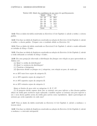 CAPÍTULO 3. MEDIDAS ESTATÍSTICAS 112
Tabela 3.20: Idade dos candidatos de um curso de aperfeiçoamento
Idade Freq. %
18 ` 20 18 36,0
20 ` 22 12 24,0
22 ` 26 10 20,0
26 ` 30 8 16,0
30 ` 36 2 4,0
Total 50
3.12 Para os dados da tabela construída no Exercício 2.5 do Capítulo 2, calcule a média e o desvio
padrão.
3.13 Com base na tabela de freqüência construída na solução do Exercício 2.6 do Capítulo 2, calcule
a média e o desvio padrão. Compare com o resultado obtido no Exercício 3.6.
3.14 Para os dados da tabela construída no Exercício2.5 do Capítulo 2, calcule a moda utilizando
os métodos de King e Czuber.
3.15 Com base na tabela de freqüência construída na solução do Exercício 2.6 do Capítulo 2, calcule
a moda utilizando os métodos de King e Czuber.
3.16 Em uma granja foi observada a distribuição dos frangos com relação ao peso apresentada na
Tabela 3.21.
(a) Qual é a média da distribuição?
(b) Qual é a variância da distribuição?
(c) Construa o histograma.
(d) Queremos dividir os frangos em 4 categorias, com relação ao peso, de modo que
• os 20% mais leves sejam da categoria D;
• os 30% seguintes sejam da categoria C;
• os 30% seguintes sejam da categoria B;
• os 20% restantes sejam da categoria A.
Quais os limites de peso entre as categorias A, B, C, D?
(e) O granjeiro decide separar deste lote os animais com peso inferior a dois desvios padrões
abaixo da média para receberem ração reforçada e também separar os animais com peso superior a
um e meio desvio padrão acima da média para usá-los como reprodutores. Qual a porcentagem de
animais que serão separados em cada caso?
3.17 Para os dados da tabela construída no Exercício 2.5 do Capítulo 2, calcule a mediana e o
terceiro decil.
3.18 Com base na tabela de freqüência construída na solução do Exercício 2.6 do Capítulo 2, calcule
a mediana e o intervalo interquartil.
 