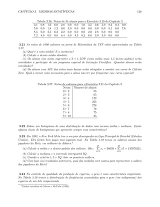 CAPÍTULO 3. MEDIDAS ESTATÍSTICAS 126
Tabela 3.26: Notas de 54 alunos para o Exercício 3.19 do Capítulo 3
3,1 0,8 1,6 6,0 2,8 0,0 0,0 1,0 3,5 0,6 5,0 8,2 0,4 0,0
5,0 0,0 1,8 1,2 0,0 3,0 0,0 0,0 0,0 0,0 0,0 8,1 6,0 7,6
8,5 0,0 2,5 6,2 2,2 0,0 0,0 0,0 2,0 2,8 0,0 0,0 0,0
7,2 8,0 0,0 0,0 8,4 0,0 4,5 0,2 6,0 3,0 3,0 0,0 0,0
3.21 As notas de 1000 calouros na prova de Matemática da UFF estão apresentadas na Tabela
3.27.
(a) Qual é a nota média? E a variância?
(b) Calcule o desvio médio absoluto.
(c) Os alunos com notas superiores a x + 1, 5DP (nota média mais 1,5 desvio padrão) serão
convidados a participar de um programa especial de Iniciação Cientíﬁca. Quantos alunos serão
convidados?
(d) Os alunos com 30% das notas mais baixas serão obrigados a assistir um curso de Cálculo
Zero. Qual a menor nota necessária para o aluno não ter que frequentar esse curso especial?
Tabela 3.27: Notas de calouros para o Exercício 3.21 do Capítulo 3
Notas Número de alunos
0 ` 2 55
2 ` 3 65
3 ` 4 172
4 ` 5 254
5 ` 6 278
6 ` 7 76
7 ` 8 75
8 ` 10 25
3.22 Esboce um histograma de uma distribuição de dados com mesma média e mediana. Existe
alguma classe de histogramas que apresente sempre essa característica?
3.23 Em 1993, o New York Mets teve o seu pior desempenho na Liga Principal de Beisebol (Estados
Unidos). Eles foram bem pagos mas jogaram mal. Na Tabela 3.28 temos os salários anuais dos
jogadores do Mets, em milhares de dólares.3
(a) Calcule a média e o desvio padrão dos salários. Obs.:
27P
i=1
xi = 38639 e
27P
i=1
x2
i = 135079221.
(b) Calcule a mediana e o intervalo interquartil IQ.
(c) Usando o critério 1, 5 × IQ, liste os possíveis outliers.
(d) Com base nos resultados anteriores, qual das medidas você usaria para representar o salário
dos jogadores do Mets?
3.24 No controle de qualidade da produção de cigarros, o peso é uma característica importante.
Na Tabela 3.29 temos a distribuição de freqüências acumuladas para o peso (em miligramas) dos
cigarros de um lote inspecionado.
3
Dados extraídos de Moore e McCabe (1999).
 