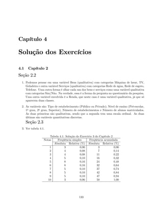 Capítulo 4
Solução dos Exercícios
4.1 Capítulo 2
Seção 2.2
1. Podemos pensar em uma variável Bens (qualitativa) com categorias Máquina de lavar, TV,
Geladeira e outra variável Serviços (qualitativa) com categorias Rede de água, Rede de esgoto,
Telefone. Uma outra forma é olhar cada um dos bens e serviços como uma variável qualitativa
com categorias Sim/Não. Na verdade, essa é a forma da pergunta no questionário da pesquisa.
Uma outra variável envolvida é a Renda, que neste caso é uma variável qualitativa, já que só
aparecem duas classes.
2. As variáveis são: Tipo de estabelecimento (Público ou Privado); Nível de ensino (Pré-escolar,
1o grau, 2o grau, Superior), Número de estabelecimentos e Número de alunos matriculados.
As duas primeiras são qualitativas, sendo que a segunda tem uma escala ordinal. As duas
últimas são variáveis quantitativas discretas.
Seção 2.3
3. Ver tabela 4.1.
Tabela 4.1: Solução do Exercício 3 do Capítulo 2
Notas Freqüência simples Freqüência acumulada
Absoluta Relativa (%) Absoluta Relativa (%)
1 3 0,06 3 0,06
2 4 0,08 7 0,14
3 4 0,08 11 0,22
4 5 0,10 16 0,32
5 8 0,16 24 0,48
6 8 0,16 32 0,64
7 5 0,10 37 0,74
8 5 0,10 42 0,84
9 5 0,10 47 0,94
10 3 0,06 50 1,00
133
 