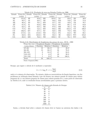 CAPÍTULO 2. APRESENTAÇÃO DE DADOS 16
Tabela 2.12: Produção de ovos nos Estados Unidos em 1990
Estado Preço/dz Estado Preço/dz Estado Preço/dz Estado Preço/dz Estado Preço/dz
(cents) (cents) (cents) (cents) (cents)
AK 151,0 HI 85,0 ME 101,0 NJ 85,0 SD 48,0
AL 92,7 IA 56,5 MI 58,0 NM 74,0 TN 71,0
AR 86,3 ID 79,1 MN 57,7 NV 53,9 TX 76,7
AZ 61,0 IL 65,0 MO 55,4 NY 68,1 UT 64,0
CA 63,4 IN 62,7 MS 87,8 OH 59,1 VA 86,3
CO 77,8 KS 54,5 MT 68,0 OK 101,0 VT 106,0
CT 106,0 KY 67,7 NC 82,8 OR 77,0 WA 74,1
DE 117,0 LA 115,0 ND 55,2 PA 61,0 WI 60,1
FL 62,0 MA 105,0 NE 50,3 RI 102,0 WV 104,0
GA 80,6 MD 76,6 NH 109,0 SC 70,1 WY 83,0
Tabela 2.13: Distribuição de freqüências dos preços de ovos - EUA - 1990
Preço dos ovos Freqüência Simples Freqüência Acumulada
(cents/dúzia) Absoluta Relativa Absoluta Relativa
[47, 68) 19 38, 0 19 38, 0
[68, 89) 19 38, 0 38 76, 0
[89, 110) 9 18, 0 47 94, 0
[110, 131) 2 4, 0 49 98, 0
[131, 152) 1 2, 0 50 100, 0
Total 50 100, 0
Fonte: Gujarati(1995)
Sturges, que sugere o cálculo de k mediante a expressão:
k = 1 + log2 N = 1 +
log n
log 2
(2.2)
onde n é o número de observações. No entanto, dadas as características da função logaritmo, um dos
problemas na utilização dessa fórmula é que ela fornece um número grande de classes para valores
pequenos de n e um número pequeno de classes para valores grandes de n, como pode ser observado
na Tabela 2.14, onde os resultados foram arredondados para o próximo inteiro.
Tabela 2.14: Número de classes pela fórmula de Sturges
n k
30 6
35 6
40 6
50 7
100 8
200 9
500 10
1000 11
Assim, a decisão ﬁnal sobre o número de classes deve se basear na natureza dos dados e da
 