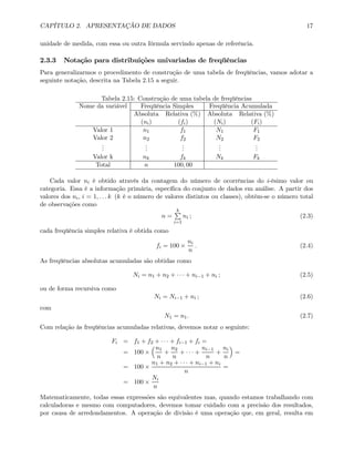 CAPÍTULO 2. APRESENTAÇÃO DE DADOS 17
unidade de medida, com essa ou outra fórmula servindo apenas de referência.
2.3.3 Notação para distribuições univariadas de freqüências
Para generalizarmos o procedimento de construção de uma tabela de freqüências, vamos adotar a
seguinte notação, descrita na Tabela 2.15 a seguir.
Tabela 2.15: Construção de uma tabela de freqüências
Nome da variável Freqüência Simples Freqüência Acumulada
Absoluta Relativa (%) Absoluta Relativa (%)
(ni) (fi) (Ni) (Fi)
Valor 1 n1 f1 N1 F1
Valor 2 n2 f2 N2 F2
...
...
...
...
...
Valor k nk fk Nk Fk
Total n 100, 00
Cada valor ni é obtido através da contagem do número de ocorrências do i-ésimo valor ou
categoria. Essa é a informação primária, especíﬁca do conjunto de dados em análise. A partir dos
valores dos ni, i = 1, . . . k (k é o número de valores distintos ou classes), obtém-se o número total
de observações como
n =
kP
i=1
ni ; (2.3)
cada freqüência simples relativa é obtida como
fi = 100 ×
ni
n
. (2.4)
As freqüências absolutas acumuladas são obtidas como
Ni = n1 + n2 + · · · + ni−1 + ni ; (2.5)
ou de forma recursiva como
Ni = Ni−1 + ni ; (2.6)
com
N1 = n1. (2.7)
Com relação às freqüências acumuladas relativas, devemos notar o seguinte:
Fi = f1 + f2 + · · · + fi−1 + fi =
= 100 ×
³n1
n
+
n2
n
+ · · · +
ni−1
n
+
ni
n
´
=
= 100 ×
n1 + n2 + · · · + ni−1 + ni
n
=
= 100 ×
Ni
n
Matematicamente, todas essas expressões são equivalentes mas, quando estamos trabalhando com
calculadoras e mesmo com computadores, devemos tomar cuidado com a precisão dos resultados,
por causa de arredondamentos. A operação de divisão é uma operação que, em geral, resulta em
 