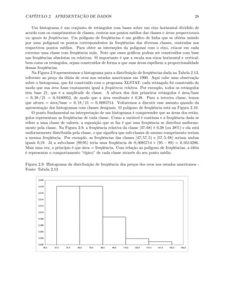 CAPÍTULO 2. APRESENTAÇÃO DE DADOS 28
Um histograma é um conjunto de retângulos com bases sobre um eixo horizontal dividido de
acordo com os comprimentos de classes, centros nos pontos médios das classes e áreas proporcionais
ou iguais às freqüências. Um polígono de freqüências é um gráﬁco de linha que se obtém unindo
por uma poligonal os pontos correspondentes às freqüências das diversas classes, centradas nos
respectivos pontos médios. Para obter as interseções da poligonal com o eixo, cria-se em cada
extremo uma classe com freqüência nula. Note que esses gráﬁcos podem ser construídos com base
nas freqüências absolutas ou relativas. O importante é que a escala nos eixos horizontal e vertical,
bem como os retângulos, sejam construídos de forma a que suas áreas espelhem a proporcionalidade
dessas freqüências.
Na Figura 2.9 apresentamos o histograma para a distribuição de freqüências dada na Tabela 2.13,
referente ao preço da dúzia de ovos nos estados americanos em 1990. Aqui cabe uma observação
sobre o histograma, que foi construído com o programa XLSTAT: cada retângulo foi construído de
modo que sua área fosse exatamente igual à freqüência relativa. Por exemplo, todos os retângulos
têm base 21, que é a amplitude de classe. A altura dos dois primeiros retângulos é área/base
= 0, 38 / 21 = 0, 0180952, de modo que a área resultante é 0,38. Para a terceira classe, temos
que altura = área/base = 0, 18 / 21 = 0, 0085714. Voltaremos a discutir esse assunto quando da
apresentação dos histogramas com classes desiguais. O polígono de freqüência está na Figura 2.10.
O ponto fundamental na interpretação de um histograma é compreender que as áreas dos retân-
gulos representam as freqüências de cada classe. Como a variável é contínua e a freqüência dada se
refere a uma classe de valores, a suposição que se faz é que essa freqüência se distribui uniforme-
mente pela classe. Na Figura 2.9, a freqüência relativa da classe [47; 68) é 0,38 (ou 38%) e ela está
uniformemente distribuída pela classe, o que signiﬁca que sub-classes de mesmo comprimento teriam
a mesma freqüência. Por exemplo, as freqüências das classes [47; 57, 5) e [57, 5; 68) seriam ambas
iguais 0,19. Já a sub-classe [89;95) teria uma freqüência de 0, 0085714 × (95 − 89) = 0, 0514286.
Mais uma vez, o princípio é que área = freqüência. Com relação ao polígono de freqüências, a idéia
é representar o comportamento “típico” de cada classe através do seu ponto médio.
Figura 2.9: Histograma da distribuição de freqüência dos preços dos ovos nos estados americanos -
Fonte: Tabela 2.13
0,000
0,002
0,004
0,006
0,008
0,010
0,012
0,014
0,016
0,018
0,020
36,5 47,0 57,5 68,0 78,5 89,0 99,5 110,0 120,5 131,0 141,5 152,0 162,5
 