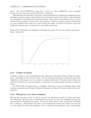 CAPÍTULO 2. APRESENTAÇÃO DE DADOS 32
base x − 89 e altura 0,00857143, ou seja, F(x) = 0, 76 + (x − 89) × 0, 00857143 e essa é a equação
de uma reta que passa pelos pontos (89; 0, 76) e (110; 0, 94).
Generalizando esse raciocínio, vemos que a ogiva de freqüências é formada por segmentos de reta
que ligam os pontos no plano cujas abscissas são os extremos superiores das classes e cujas ordenadas
são as freqüencias acumuladas das respectivas classes. Assim como no caso discreto, N(x) ou F(x)
é igual a 0 para qualquer x menor que o valor mínimo e é igual a n (número total de observações)
ou 1 para qualquer valor maior que o valor máximo dos dados. Na Figura 2.13 temos a ogiva das
freqüências relativas para o preço dos ovos nos estados americanos.
Figura 2.13: Distribuição de freqüência acumulada dos preços dos ovos nos estados americanos -
Fonte: Tabela 2.13
0
0,1
0,2
0,3
0,4
0,5
0,6
0,7
0,8
0,9
1
1,1
26 47 68 89 110 131 152 173 194
2.4.5 Gráﬁco de Linhas
O gráﬁco de linhas é usado principalmente para representar observações feitas ao longo do tempo,
isto é, observações de uma série de tempo. No eixo horizontal colocam-se as datas em que foram
realizadas as observações e no eixo vertical, os valores observados. Os pontos assim obtidos são
unidos por segmentos de reta para facilitar a visualização do comportamento dos dados ao longo do
tempo.
Na Tabela 2.30 são apresentados os resultados referentes à taxa de desemprego aberto total
(semana), produzidos pela Pesquisa Mensal de Emprego e na Figura 2.14 temos o gráﬁco desta série
temporal.
2.4.6 Histograma com classes desiguais
Embora não seja muito usual, é possível construir um histograma quando as classes têm tama-
nhos diferentes. Mas para que a representação seja correta, as áreas dos retângulos têm que ser
proporcionais às freqüências das classes. No caso de classes iguais, como as bases dos retângulos
são as mesmas, a diferenciação das áreas se faz simplesmente através das alturas mas esse não
é o caso quando as classes são desiguais. Para a construção do histograma, serão acrescentadas
 