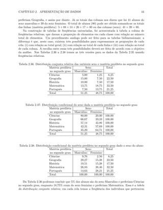 CAPÍTULO 2. APRESENTAÇÃO DE DADOS 44
preferiam Geograﬁa, e assim por diante. Já os totais das colunas nos dizem que há 41 alunos do
sexo masculino e 39 do sexo feminino. O total de alunos (80) pode ser obtido somando-se os totais
das linhas (matéria predileta): 5 + 88 + 14 + 26 + 17 = 80 ou das colunas (sexo): 41 + 39 = 80.
Na construção de tabelas de freqüências univariadas, foi acrescentada à tabela a coluna de
freqüências relativas, que davam a proporção de elementos em cada classe com relação ao número
total de elementos. Um procedimento análogo pode ser feito para as tabelas bidimensionais; a
diferença é que, neste caso, existem três possibilidades para expressarmos as proporções de cada
cela: (i) com relação ao total geral; (ii) com relação ao total de cada linha e (iii) com relação ao total
de cada coluna. A escolha entre essas três possibilidades deverá ser feita de acordo com o objetivo
da análise. Nas Tabelas 2.36 a 2.38 temos as três versões para os dados da Tabela 2.35 usando
freqüências relativas.
Tabela 2.36: Distribuição conjunta relativa das variáveis sexo e matéria predileta no segundo grau
Matéria predileta Sexo Total
no segundo grau Masculino Feminino
Ciências 5,00 1,25 6,25
Geograﬁa 15,00 7,50 22,50
História 10,00 7,50 17,50
Matemática 13,75 18,75 32,50
Português 7,50 13,75 21,25
Total 51,25 48,75 100,00
Tabela 2.37: Distribuição condicional do sexo dada a matéria predileta no segundo grau
Matéria predileta Sexo Total
no segundo grau Masculino Feminino
Ciências 80,00 20,00 100,00
Geograﬁa 66,67 33,33 100,00
História 57,14 42,86 100,00
Matemática 42,31 57,69 100,00
Português 35,29 64,71 100,00
Total 51,25 48,75 100,00
Tabela 2.38: Distribuição condicional da matéria predileta no segundo grau dado o sexo do aluno
Matéria predileta Sexo Total
no segundo grau Masculino Feminino
Ciências 9,76 2,56 6,25
Geograﬁa 29,27 15,38 22,50
História 19,51 15,38 17,50
Matemática 26,83 38,46 32,50
Português 14,63 28,21 21,25
Total 100,00 100,00 100,00
Da Tabela 2.36 podemos concluir que 5% dos alunos são do sexo Masculino e preferiam Ciências
no segundo grau, enquanto 18,75% eram do sexo feminino e preferiam Matemática. Essa é a tabela
da distribuição conjunta relativa; em cada cela temos a freqüência dos indivíduos que pertencem
 