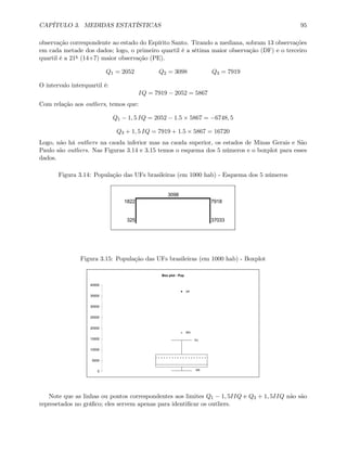 CAPÍTULO 3. MEDIDAS ESTATÍSTICAS 95
observação correspondente ao estado do Espírito Santo. Tirando a mediana, sobram 13 observações
em cada metade dos dados; logo, o primeiro quartil é a sétima maior observação (DF) e o terceiro
quartil é a 21a (14+7) maior observação (PE).
Q1 = 2052 Q2 = 3098 Q3 = 7919
O intervalo interquartil é:
IQ = 7919 − 2052 = 5867
Com relação aos outliers, temos que:
Q1 − 1, 5 IQ = 2052 − 1.5 × 5867 = −6748, 5
Q3 + 1, 5 IQ = 7919 + 1.5 × 5867 = 16720
Logo, não há outliers na cauda inferior mas na cauda superior, os estados de Minas Gerais e São
Paulo são outliers. Nas Figuras 3.14 e 3.15 temos o esquema dos 5 números e o boxplot para esses
dados.
Figura 3.14: População das UFs brasileiras (em 1000 hab) - Esquema dos 5 números
1822 7918
325 37033
3098
Figura 3.15: População das UFs brasileiras (em 1000 hab) - Boxplot
Box plot - Pop
0
5000
10000
15000
20000
25000
30000
35000
40000
SP
MG
RJ
RR
Note que as linhas ou pontos correspondentes aos limites Q1 − 1, 5IIQ e Q3 + 1, 5IIQ não são
represetados no gráﬁco; eles servem apenas para identiﬁcar os outliers.
 